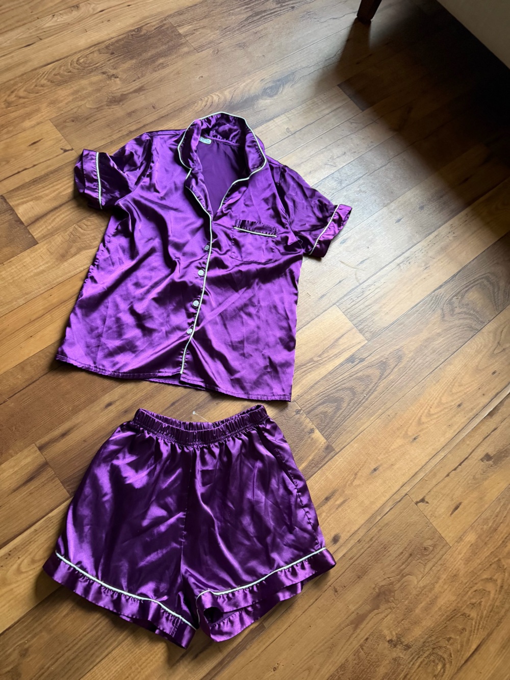Valentina Purple Short Sleeve Satin Pajama Set with Contrast Piping
